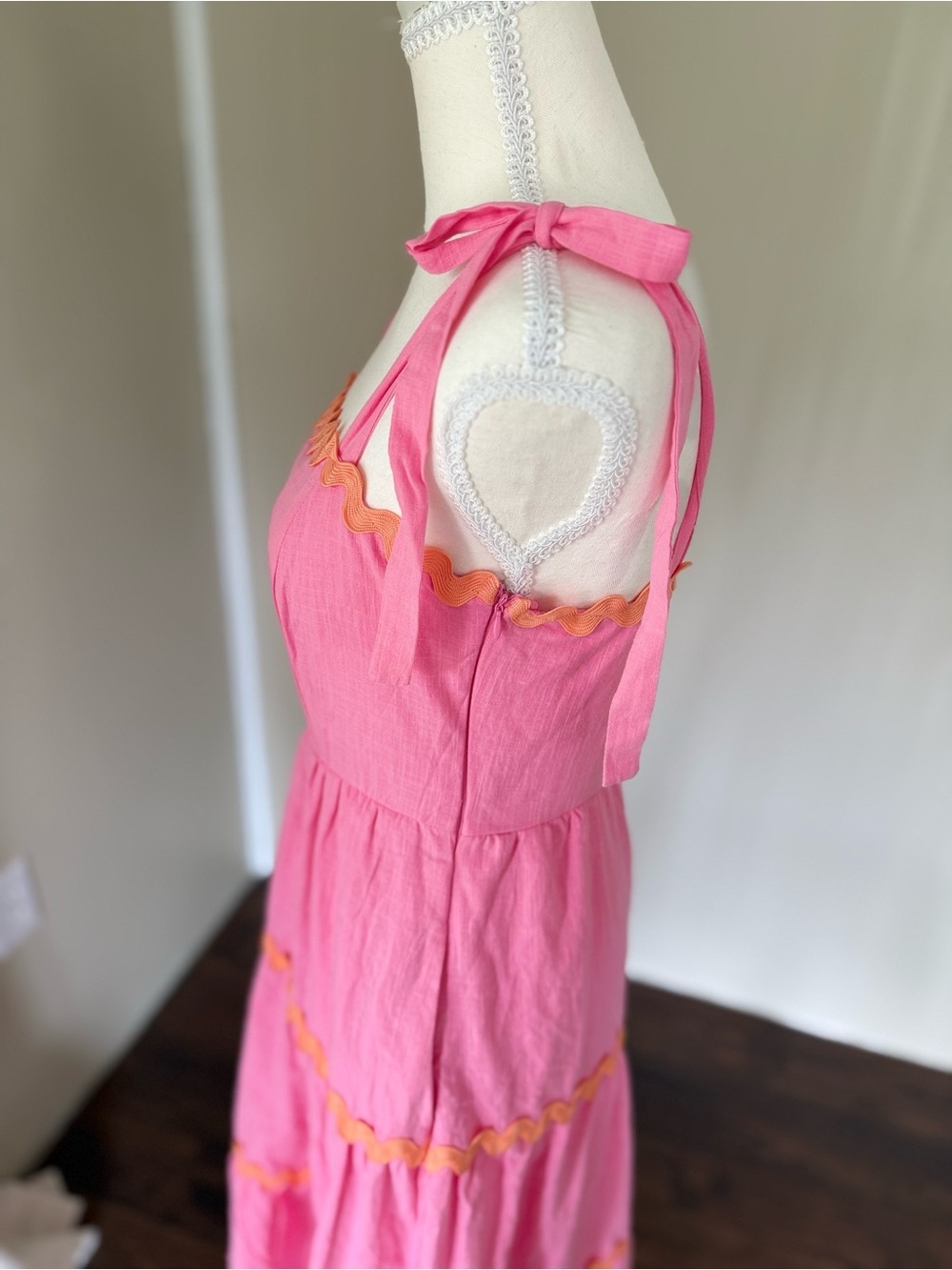 NEW Francesca's Midi Dress Pink Tiered Bow Tie-Shoulder Dress Orange Trim S - Picture 5 of 7